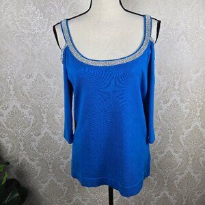 Belldini Size Large Cobalt/Royal Blue Cold Shoulder Knit with Rhinestone Accents